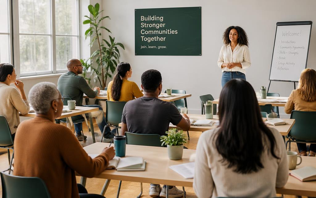 Editorial photograph of a community workshop classroom with adults learning in a bright, nonprofit space