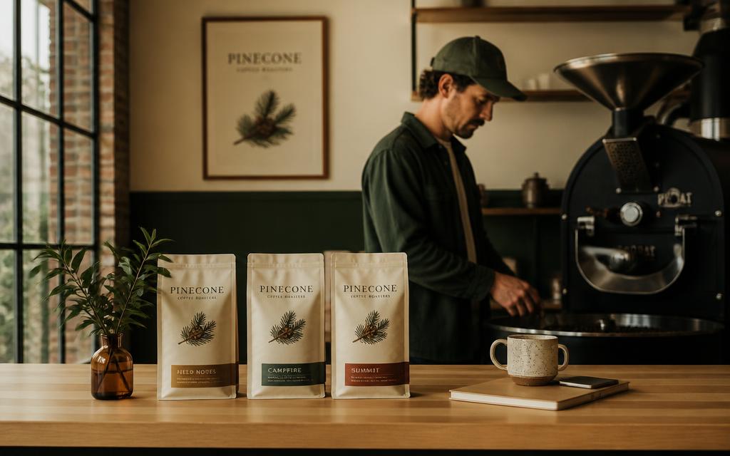 Warm editorial photograph of a specialty coffee roastery workspace with coffee bags and clean wood surfaces